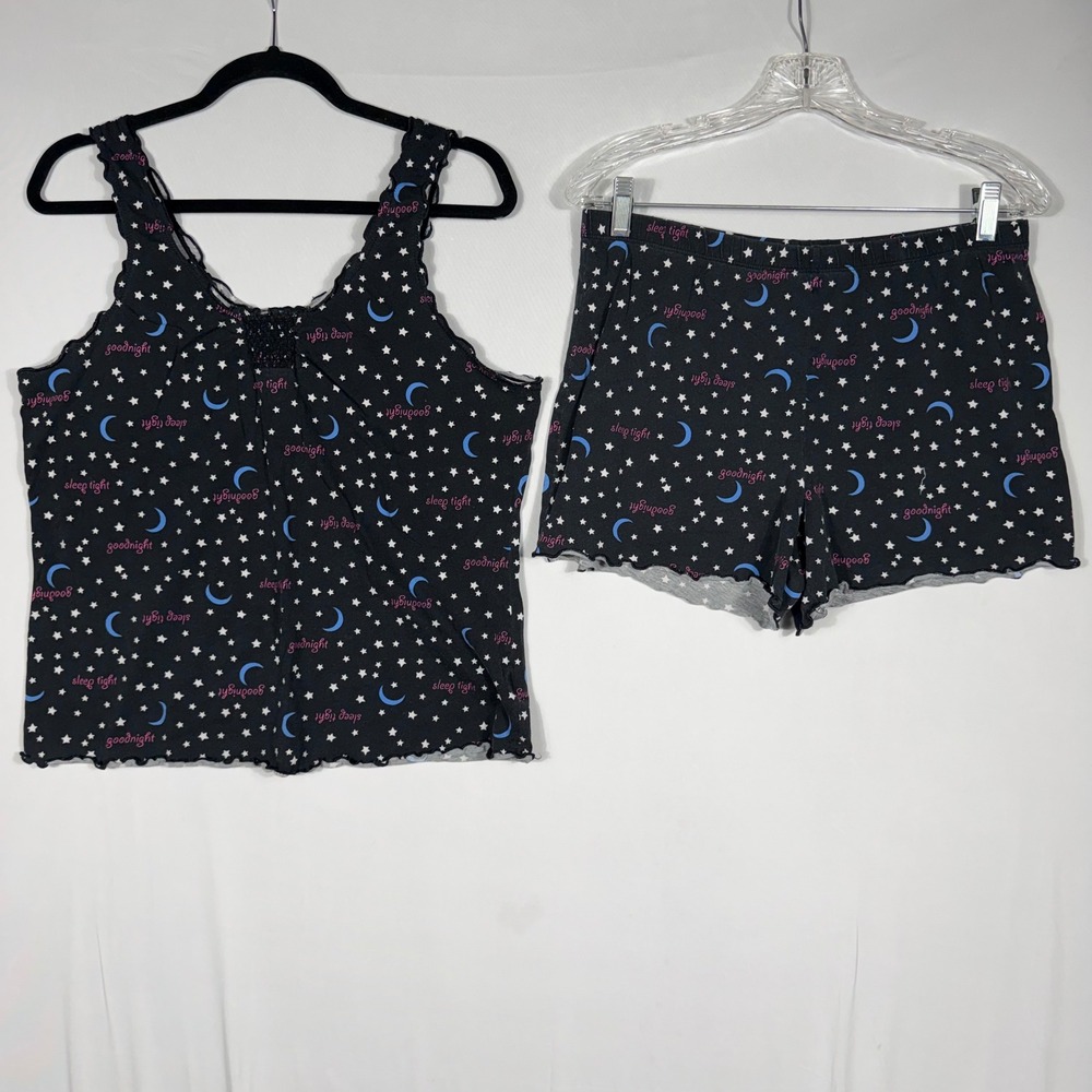 Vtg 90s Y2K Faded Glory 2pc Pajama Set Black Celestial Moon Stars Tank Shorts Sm